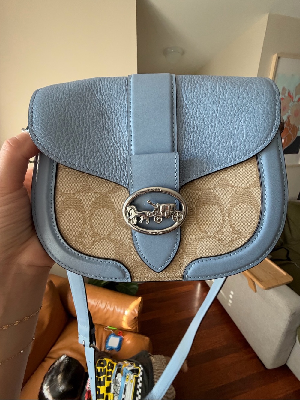 Coach Light Blue Leather & Signature Canvas Crossbody